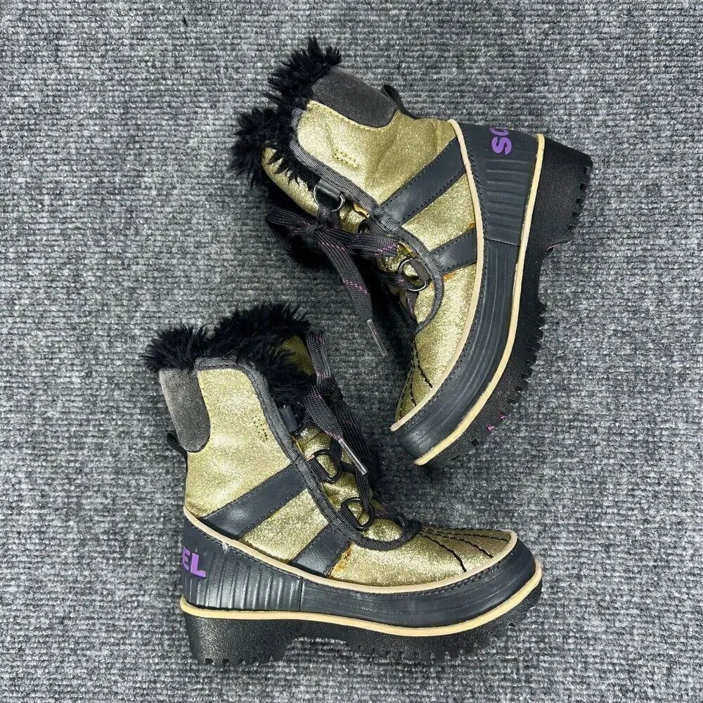 Sorel Tivoli II Girls Snow Winter Boots Size 10 Gold Glitter Waterproof Faux Fur